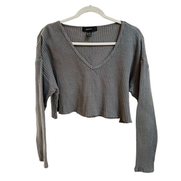 Forever 21+ (0X) Gray Waffle Knit Crop Top V-Neck Long Sleeve Sweater - Picture 1 of 5